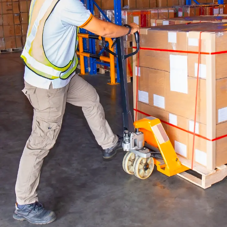 person moving pallet with boxes